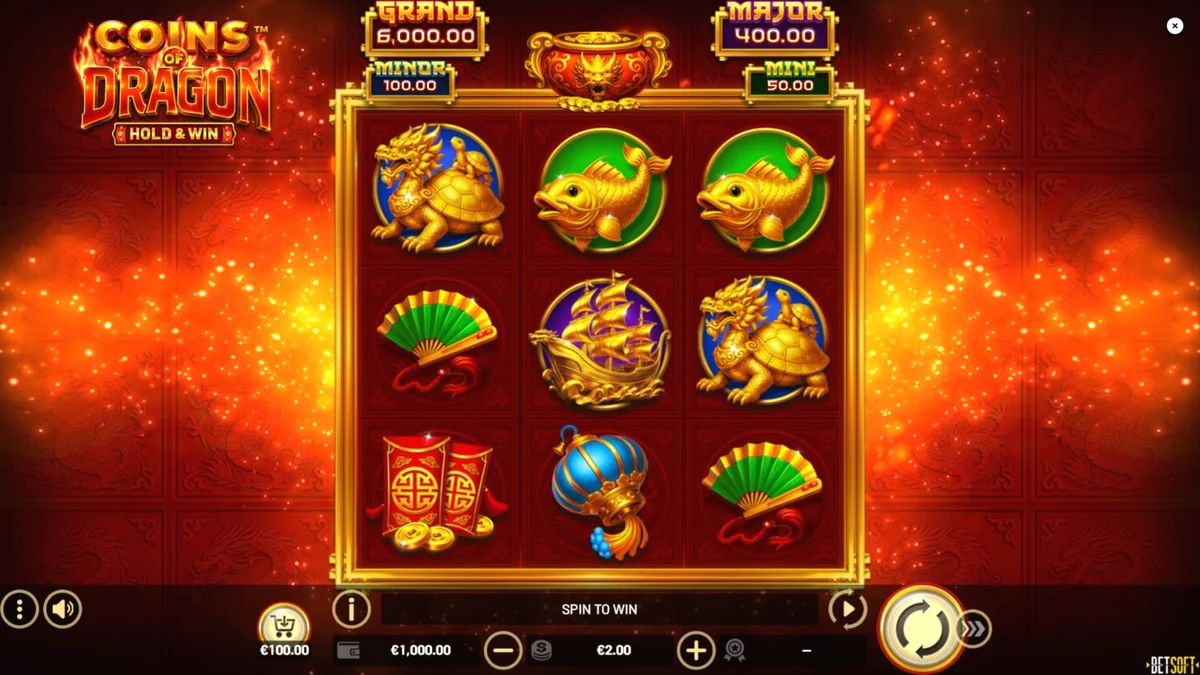 Interface do slot Coins of Dragon com o dragão dourado em destaque