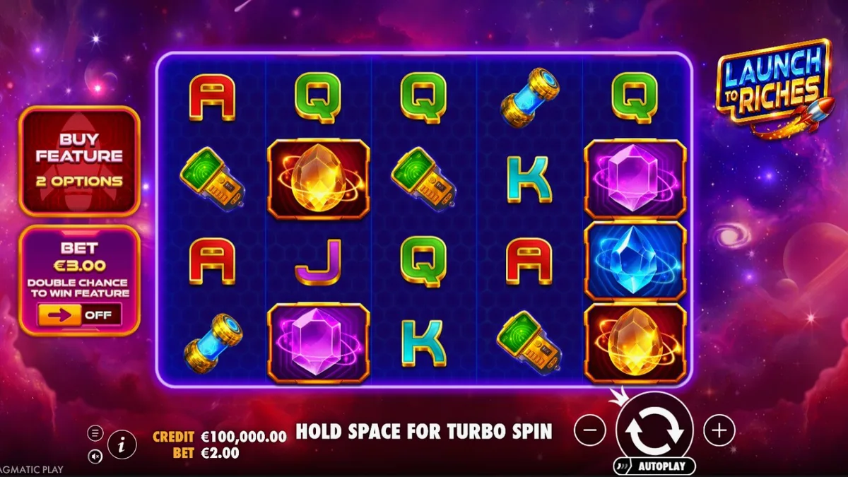 Interface futurista do slot Launch to Riches com tema espacial