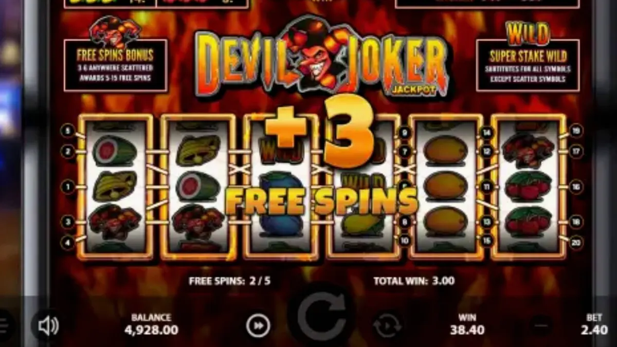 Interface do slot Devil Joker Jackpot com símbolos de frutas e o personagem Joker